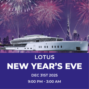 Lotus Yacht Dubai Marina New Year 2026 Dinner Cruise Lotus Megayacht NYE Fireworks Cruise Dubai